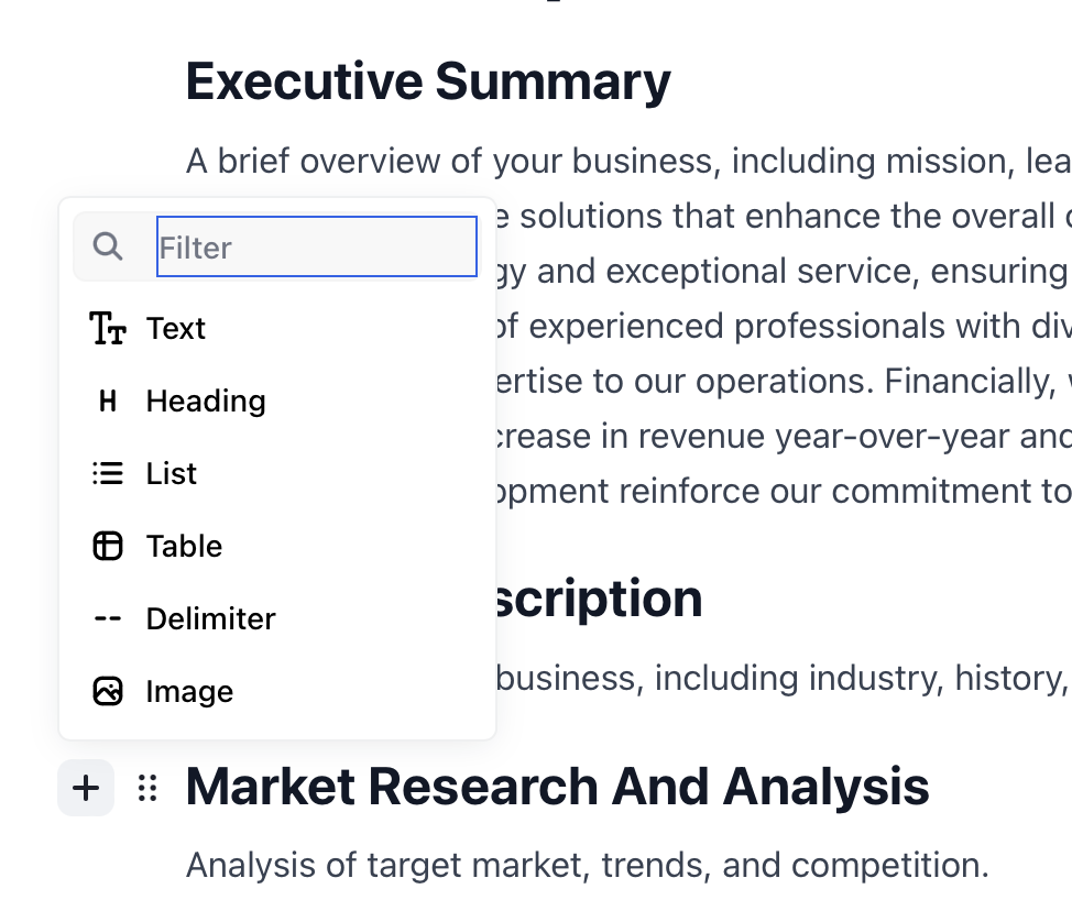 Business plan generator editor